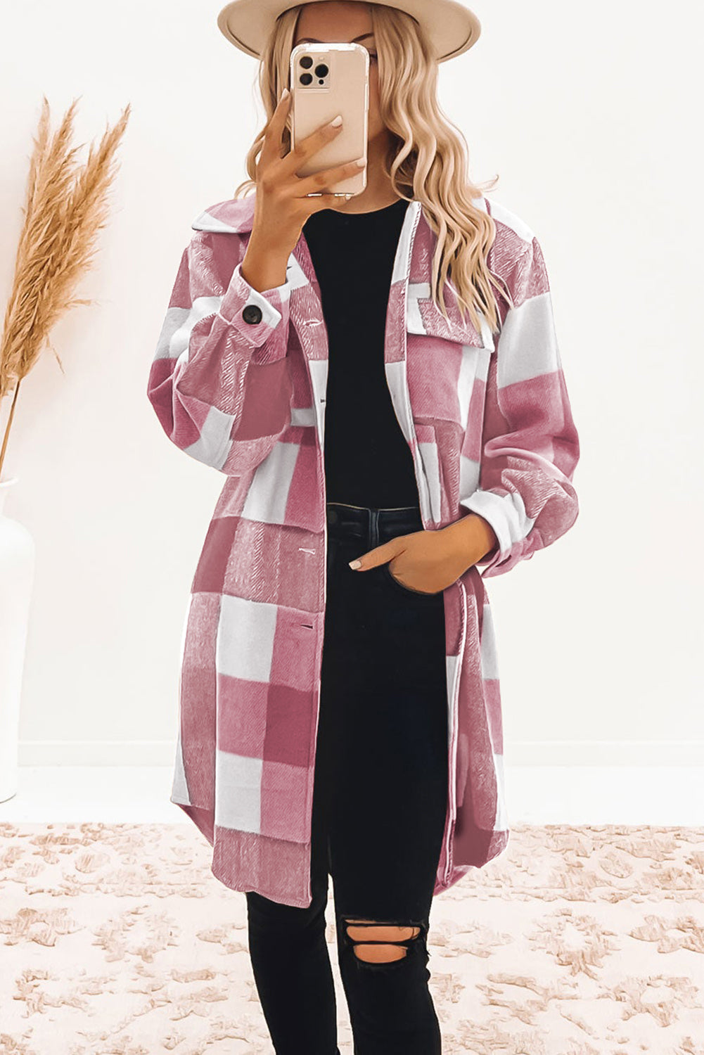 Khaki Plaid Colorblock Button Down Flap Pocket Long Shacket