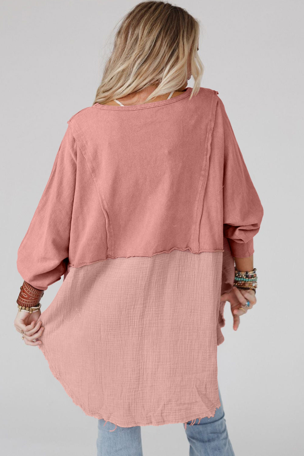Khaki Crinkled Patchwork Raw Hem Oversized Blouse