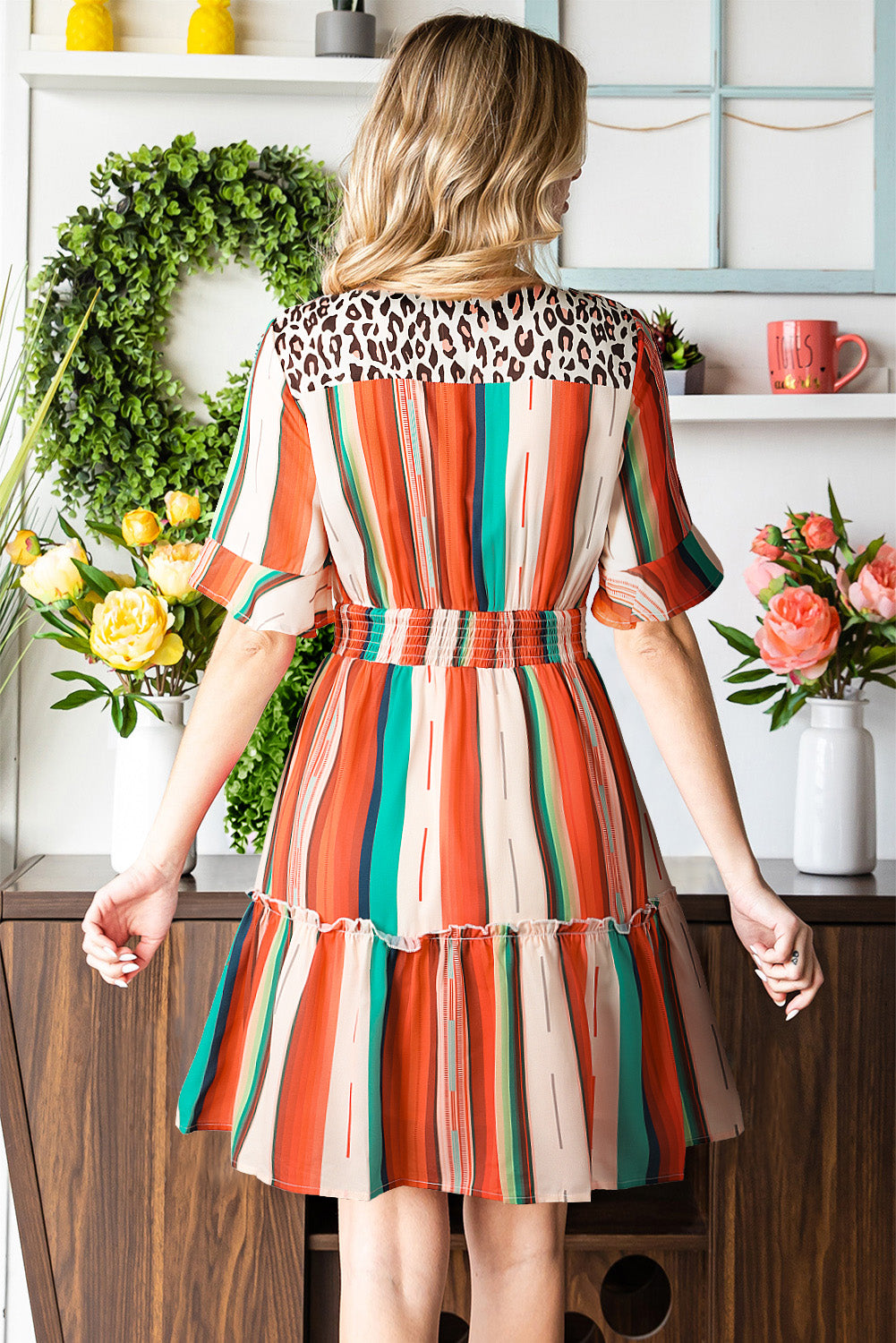 Multicolor Striped and Leopard Print Flounce Hem Short Dress