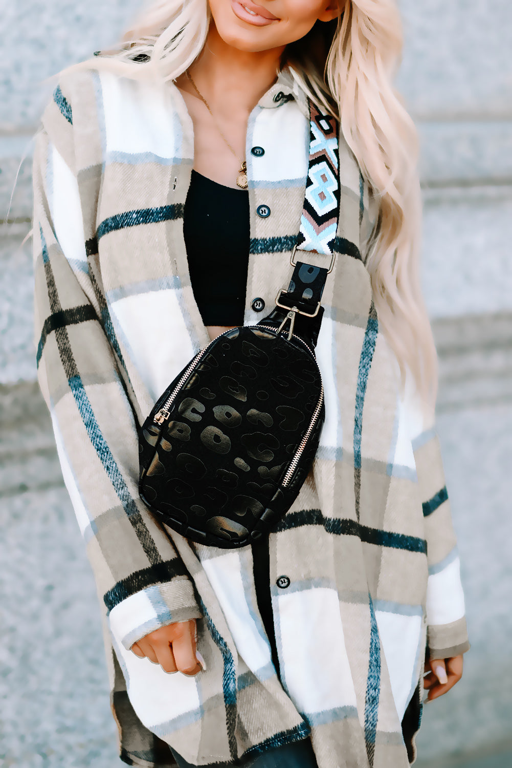 Black Leopard Geometric Print Strap Western Zip Crossbody Bag