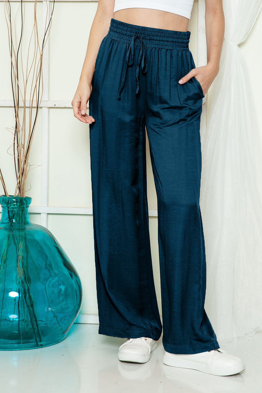 Black Casual Drawstring Shirred Elastic Waist Wide Leg Pants
