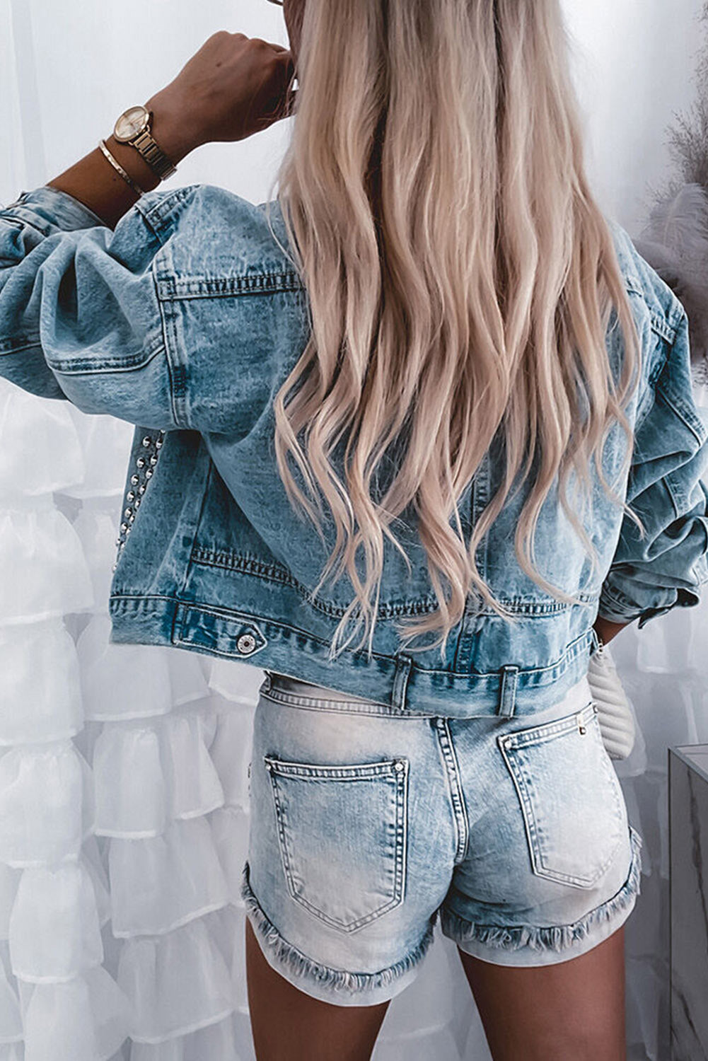 Blue Studded Button Up Light Wash Cropped Denim Jacket