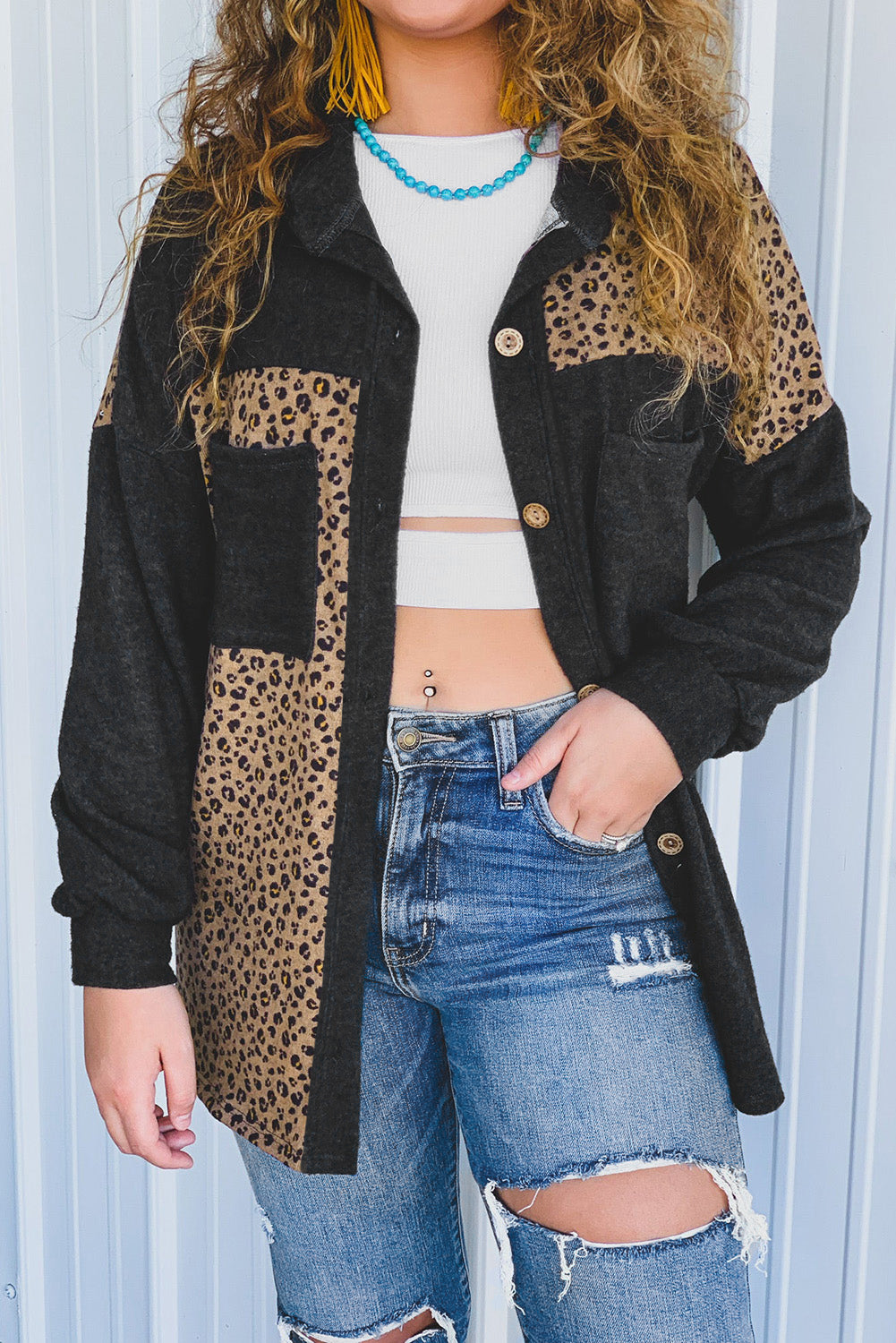 Black Casual Leopard Print Patchwork Shacket