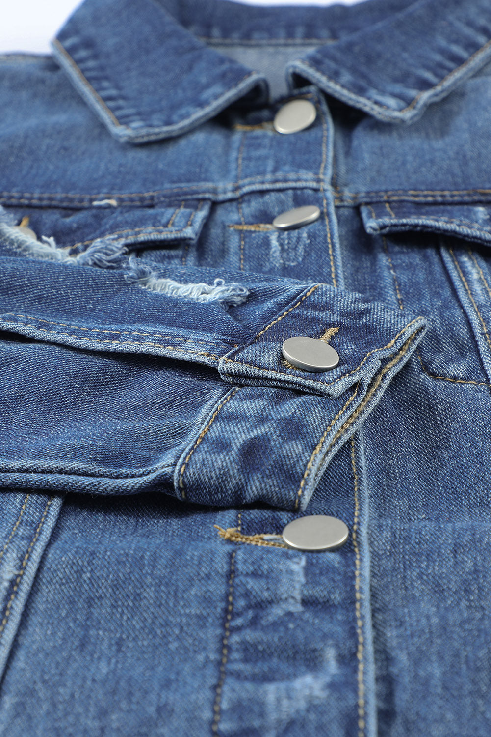 Black Casual Distressed Raw Hem Buttons Denim Jacket