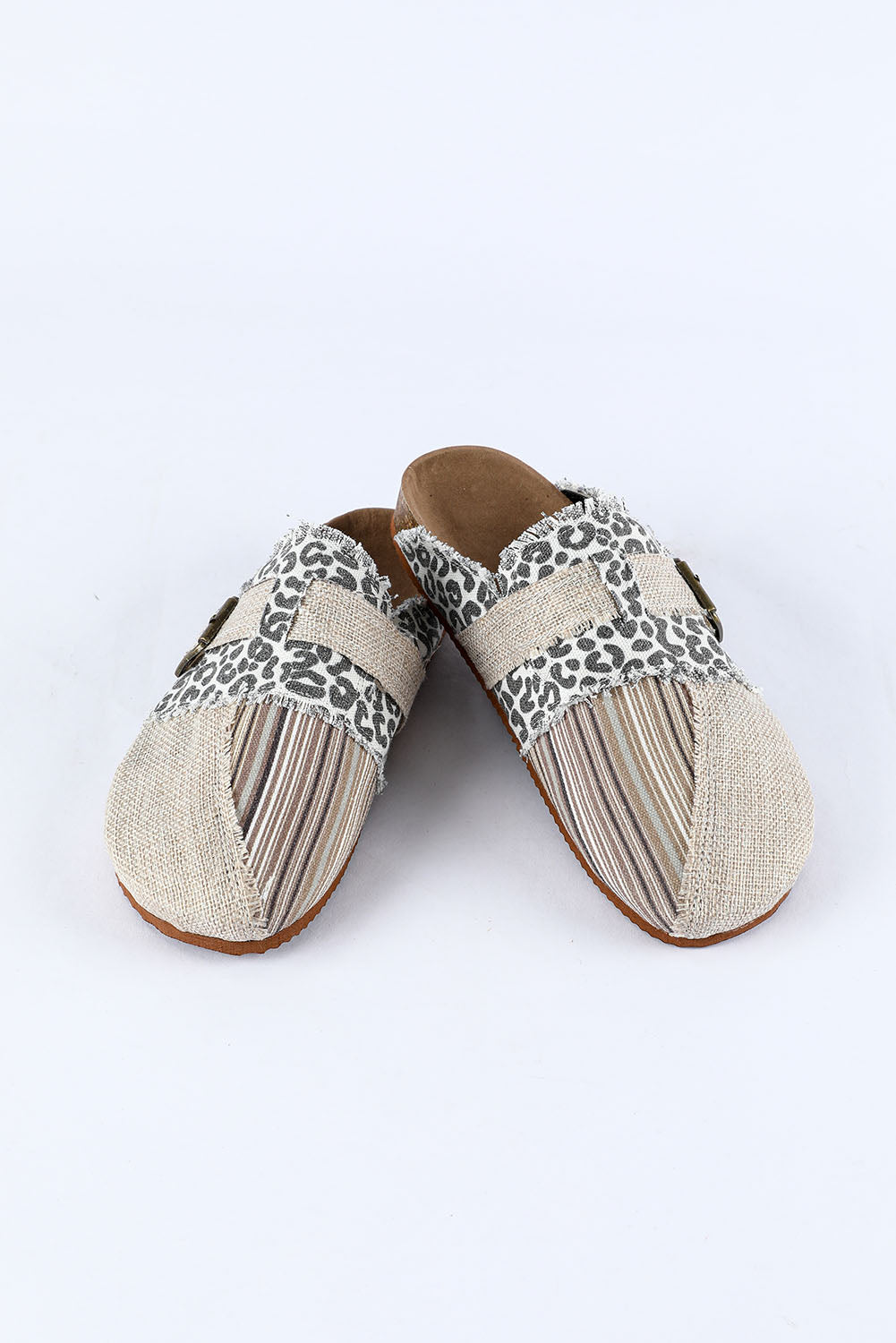 Leopard Distressed Patchwork Buckle Round Toe Slippers