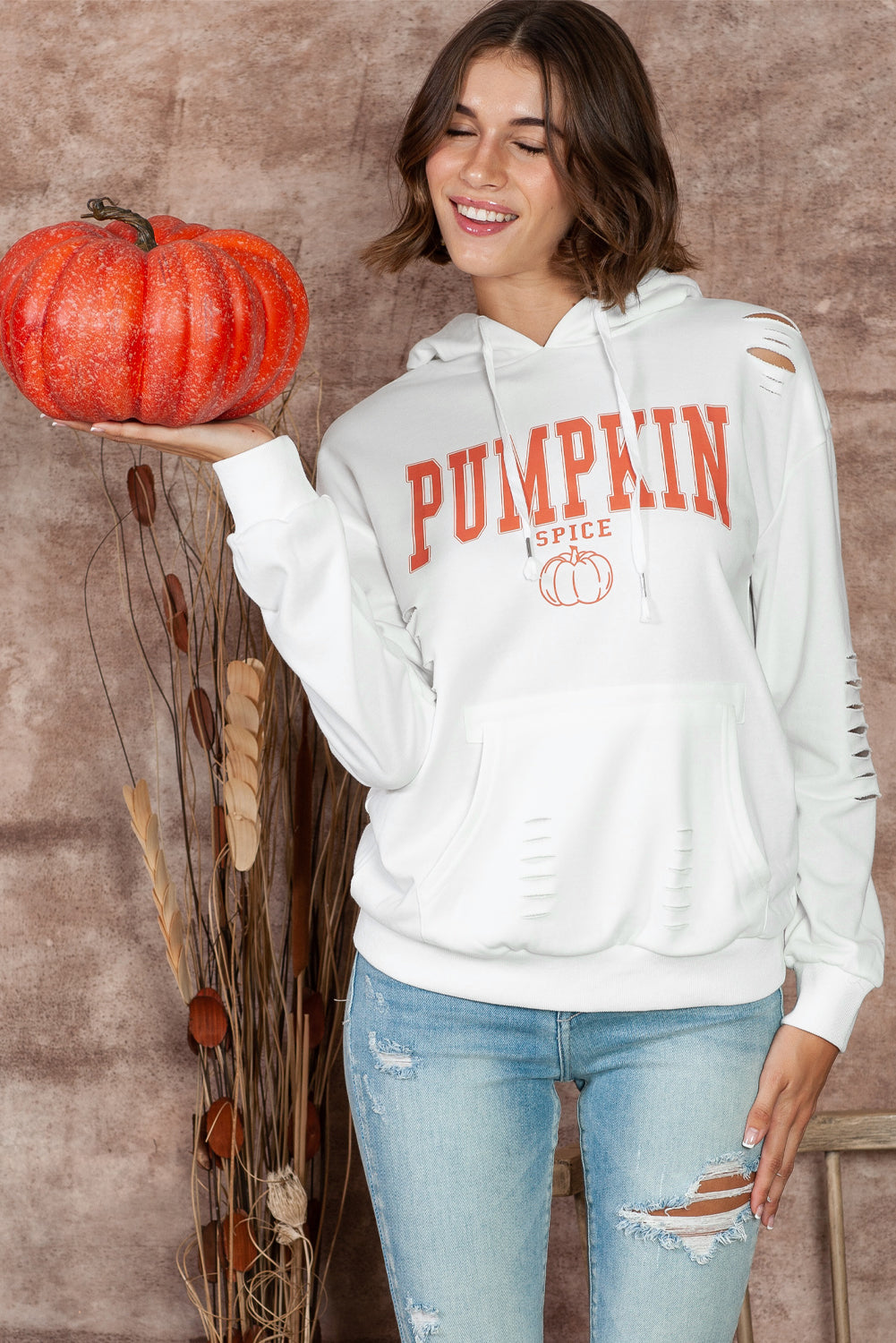 White PUMPKIN SPICE Distressed Graphic Hoodie