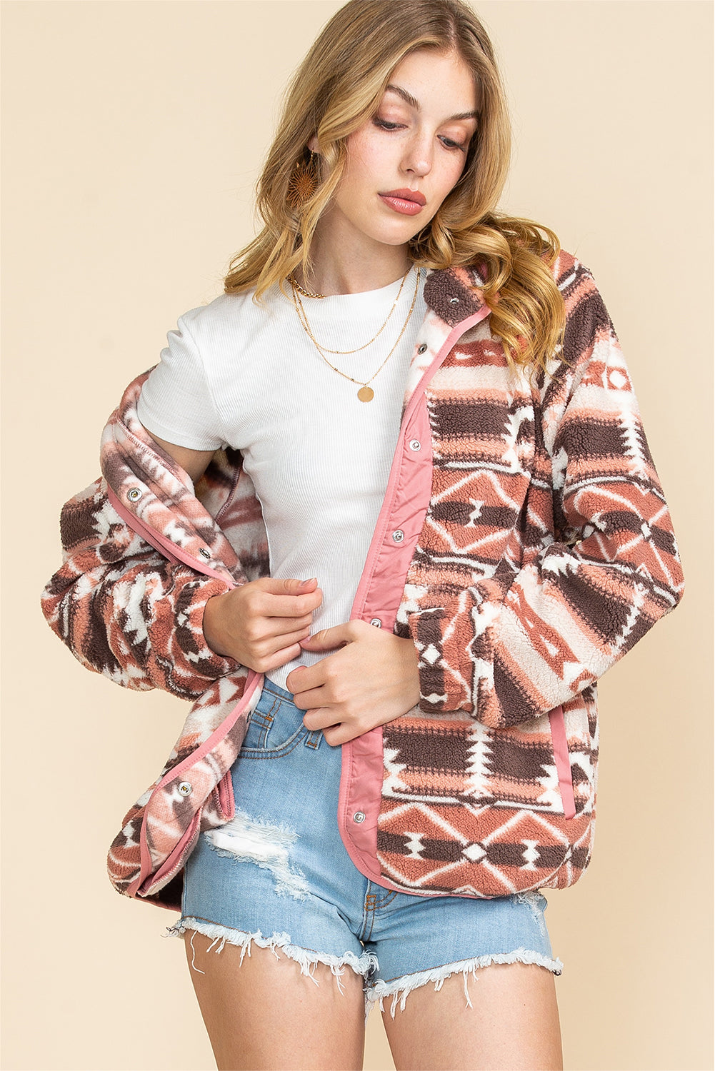 Pink Geometric Colorblock Snap Button Sherpa Jacket