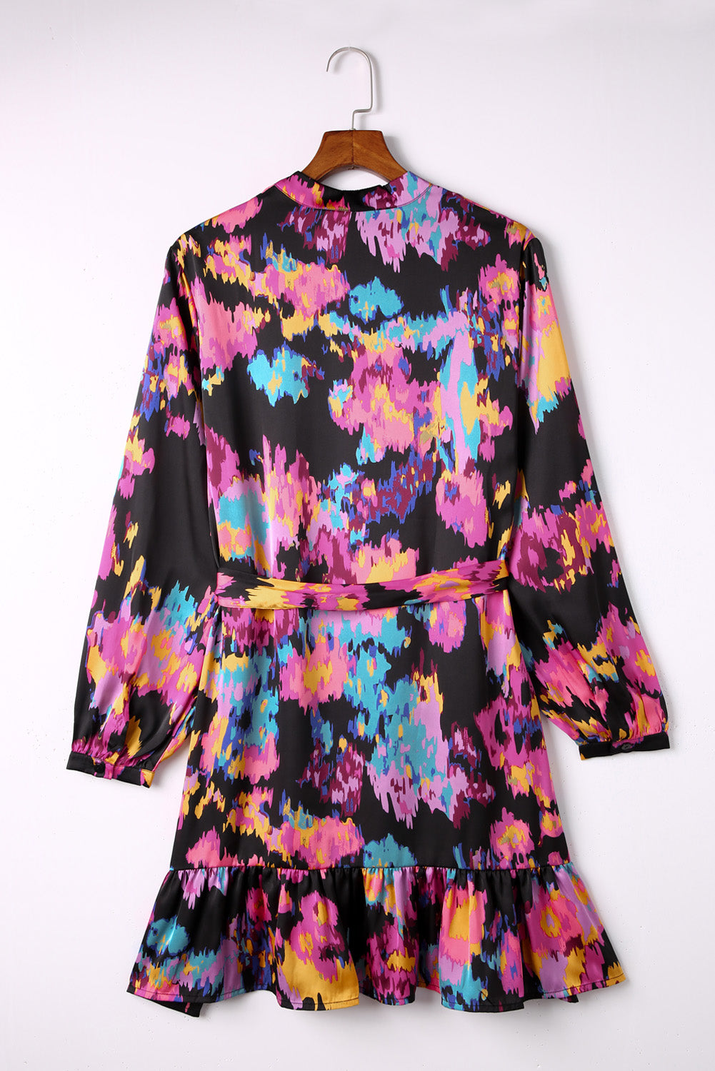 Abstract Print Waist Belted Flounce Hem Split V Neck Long Sleeve Dress