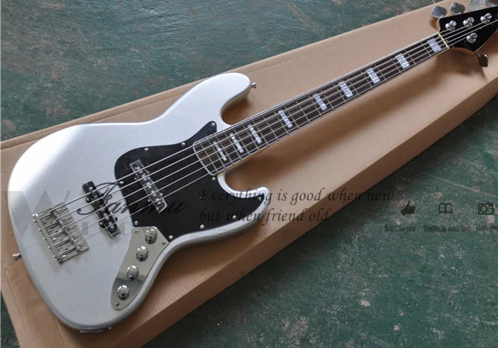 JB 5 String Electric Bass, Silver Body with Black Maple Headstock