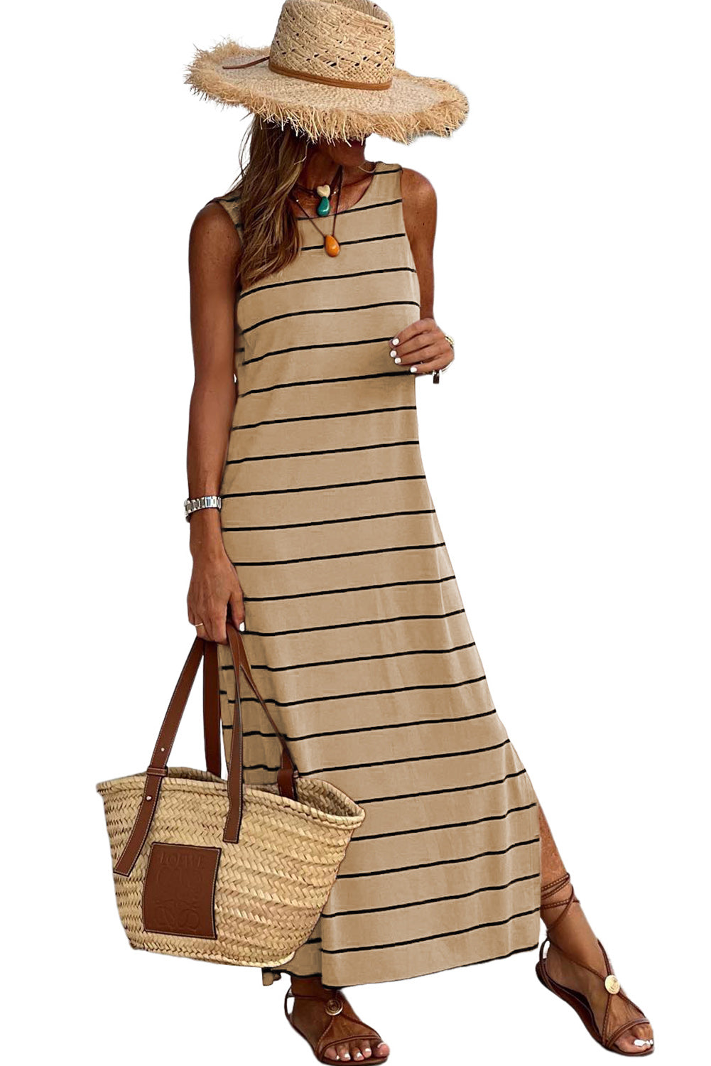 Brown Striped Backless Casual Side Slits Maxi Dress