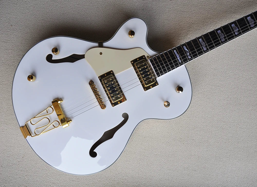 Left Hand White Semi-hollow Electric 6 StringGuitar s with Big Tremolo,Rosewood Fretboard,Cream Pickguard