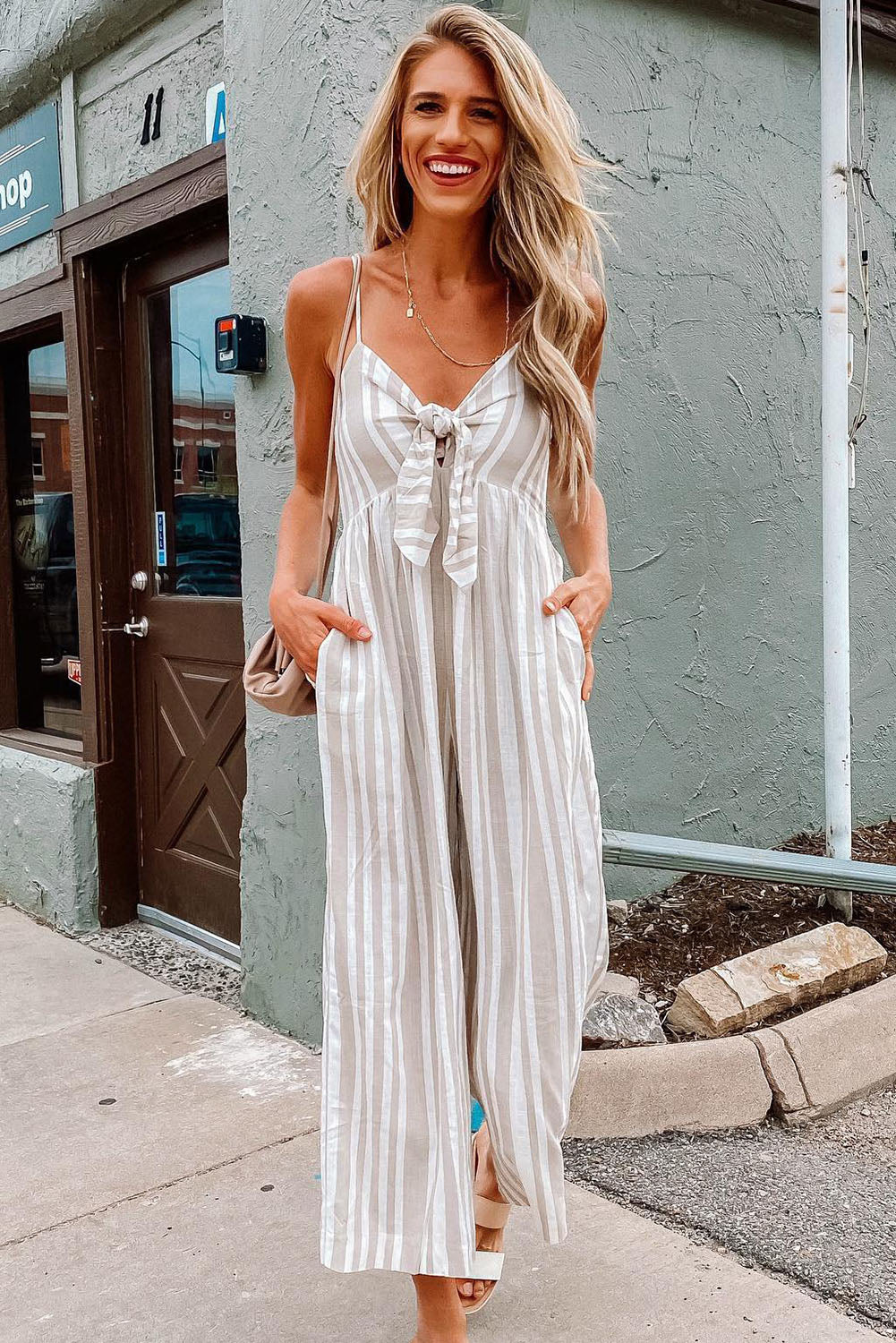 Striped Front Knotted Cropped Strap Wide Leg Jumpsuit