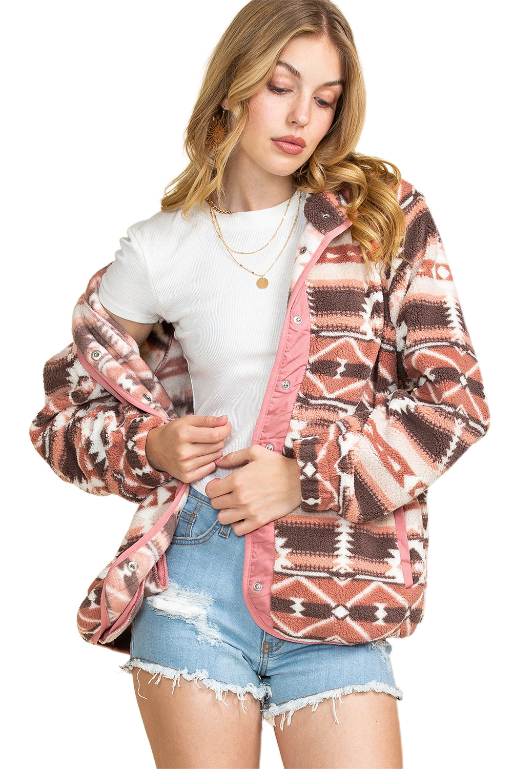 Pink Geometric Colorblock Snap Button Sherpa Jacket