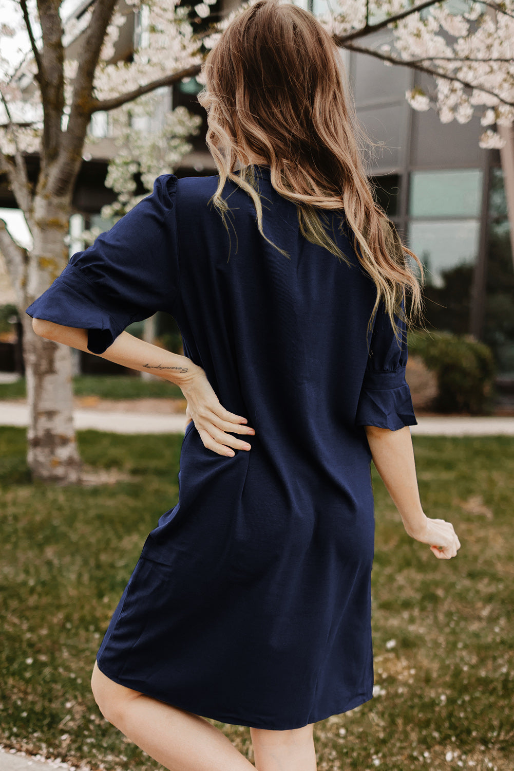 Navy Blue Split V Neck Short Sleeve Tunic Dress
