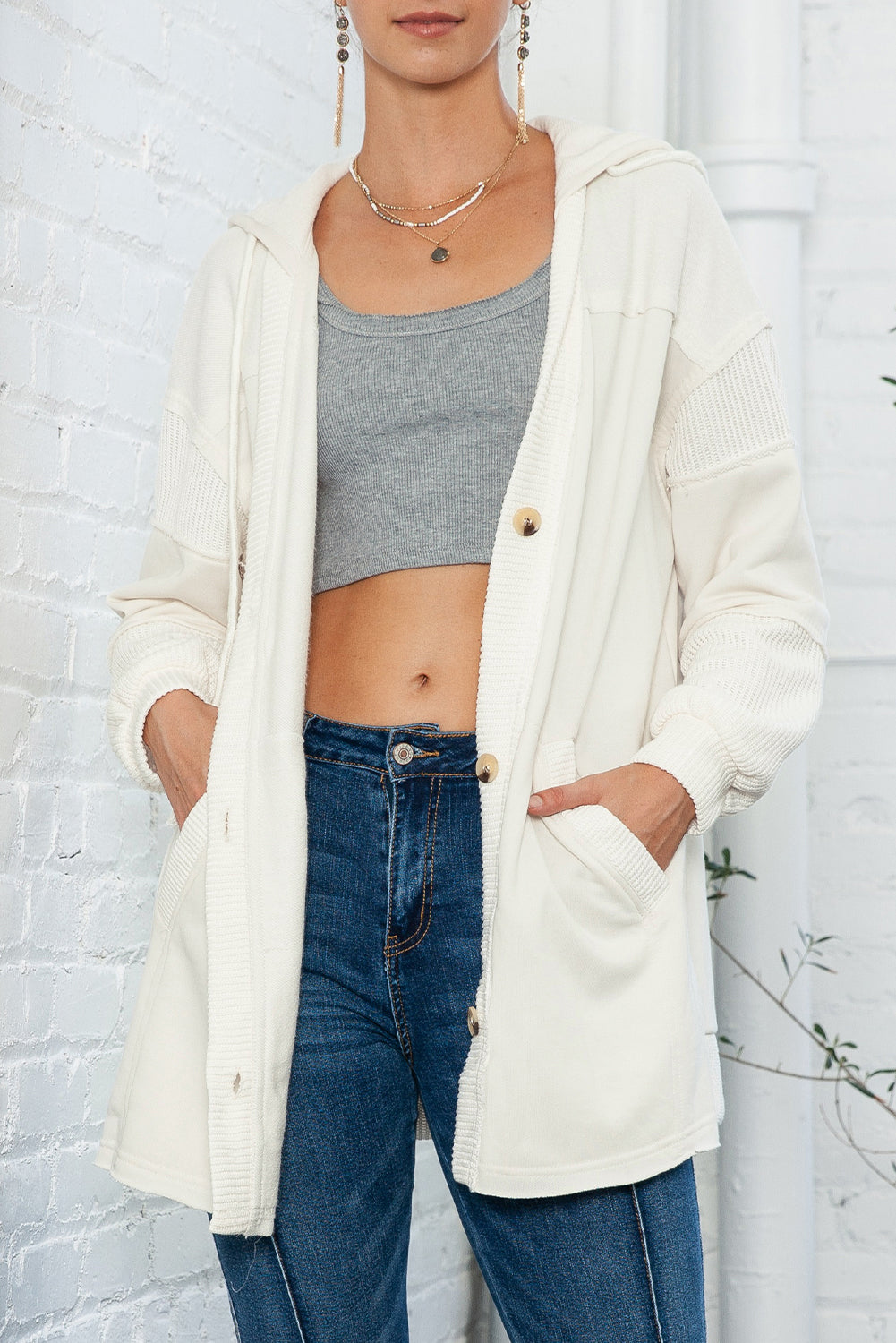 Beige Solid Color Button Down Long Hooded Cardigan