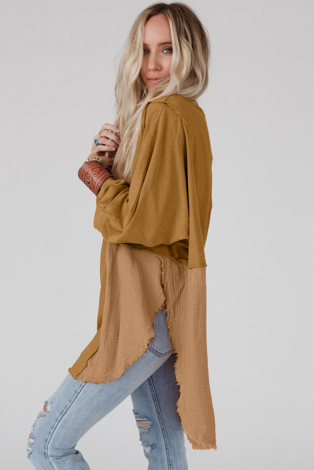 Khaki Crinkled Patchwork Raw Hem Oversized Blouse