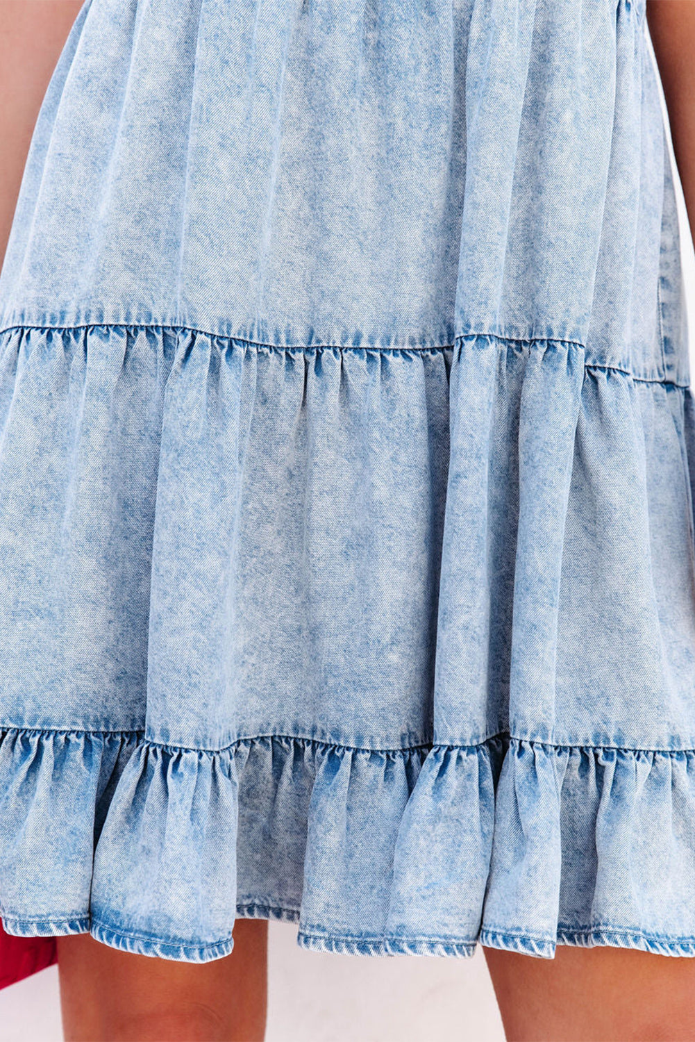 Light Blue Adjustable Straps Casual Tiered Ruffle Denim Dress