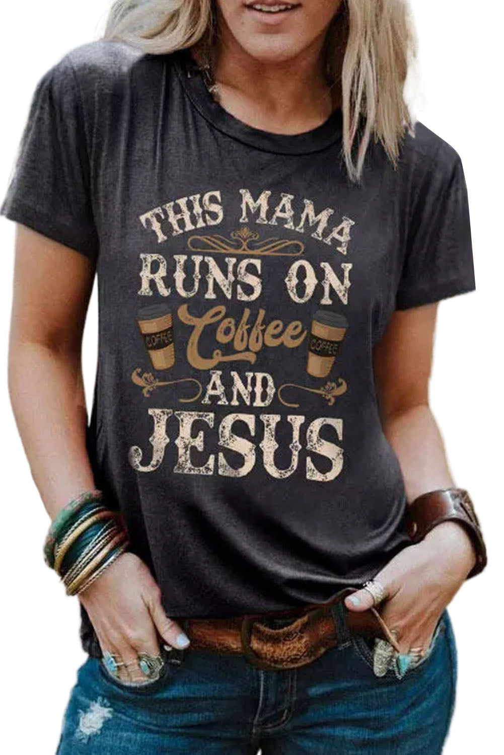 Gray Round Neck Letter Graphic Short Sleeve T-Shirt