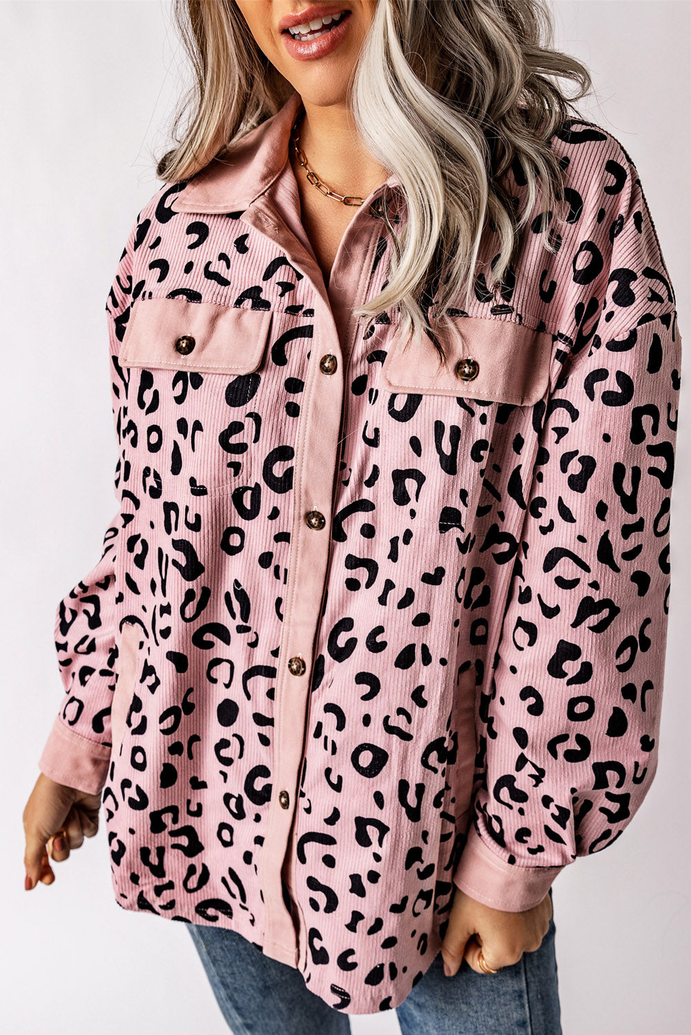 Apricot Leopard Collared Neckline Flap Pockets Corduroy Shacket