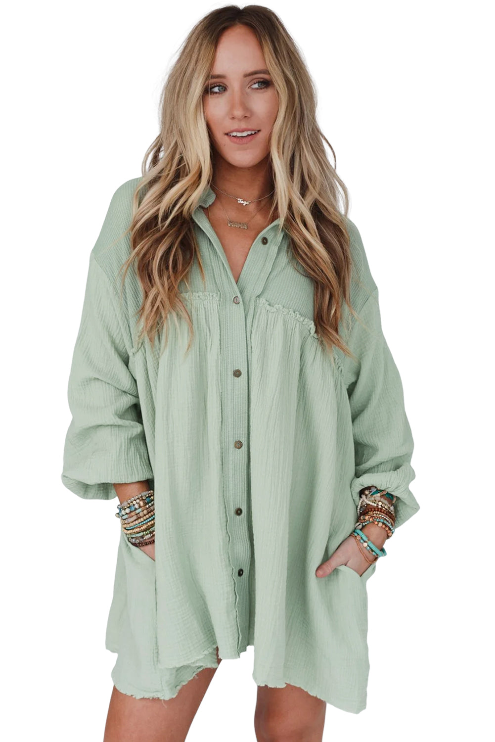 Pink Ribbed Crinkle Patchwork Puff Sleeve Raw Hem Shirt Dress