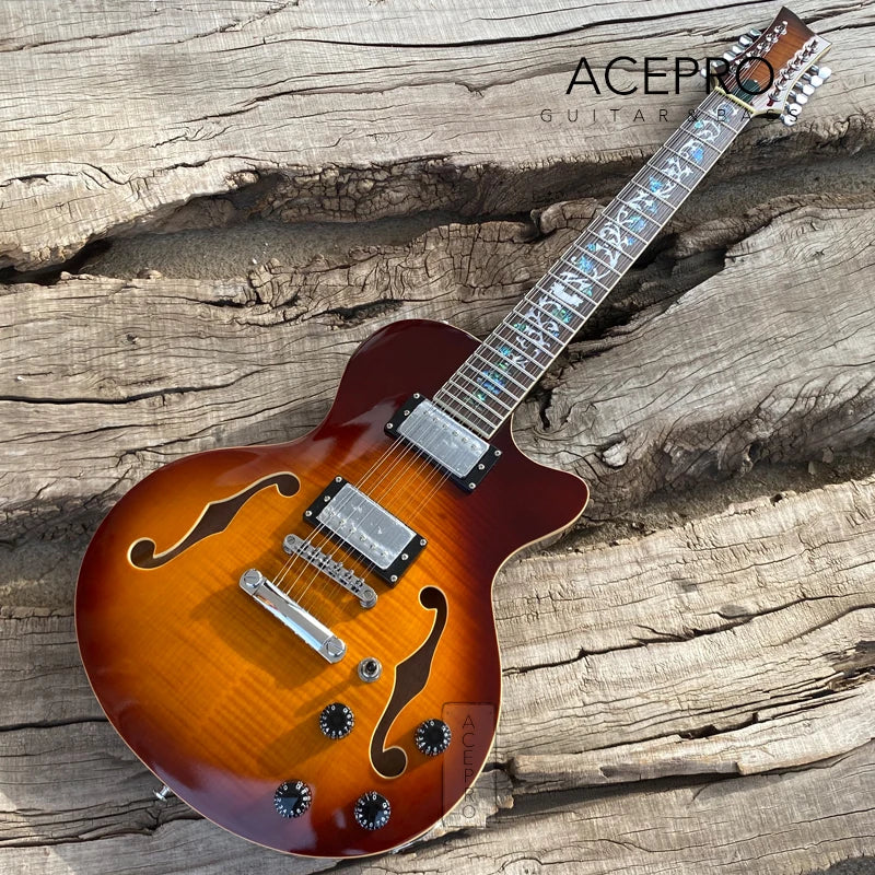 Grote Brown Burst 12 String Electric Guitar, F holes Semi Hollow Body, Abalone Flower Inlays