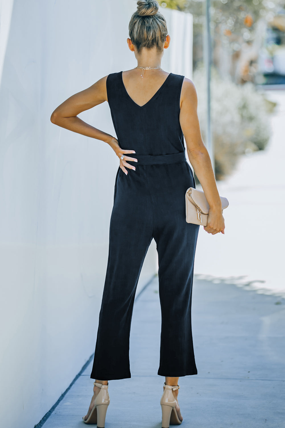 Blue V Neck Button Belted Jumpsuit With Pockets