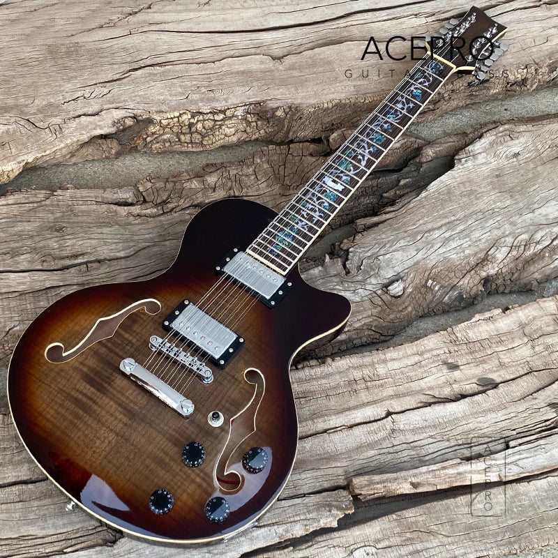 Grote Brown Burst 12 String Electric Guitar, F holes Semi Hollow Body, Abalone Flower Inlays