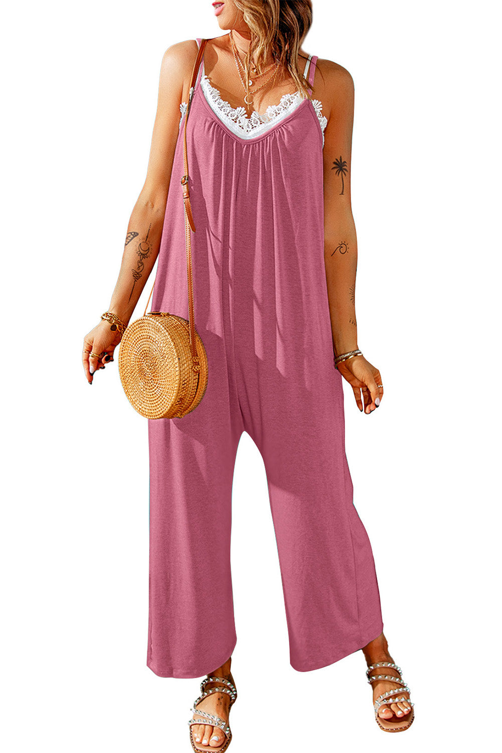 Black Casual Spaghetti Straps Wide Leg Pocketed Jumpsuits