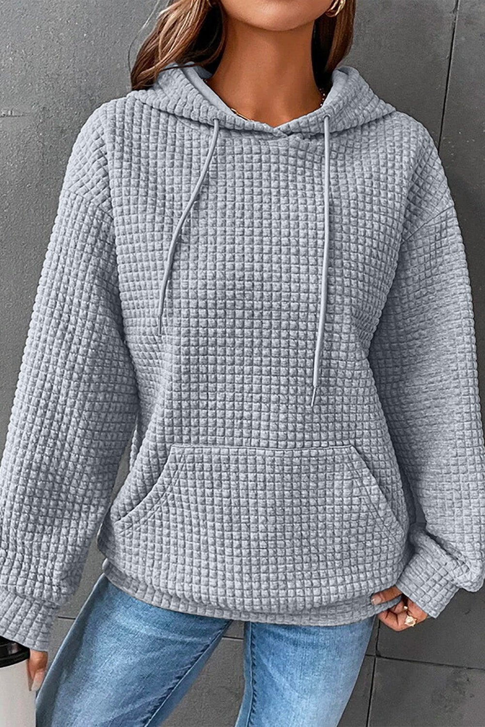 Khaki Lattice Textured Kangaroo Pocket Drawstring Hoodie