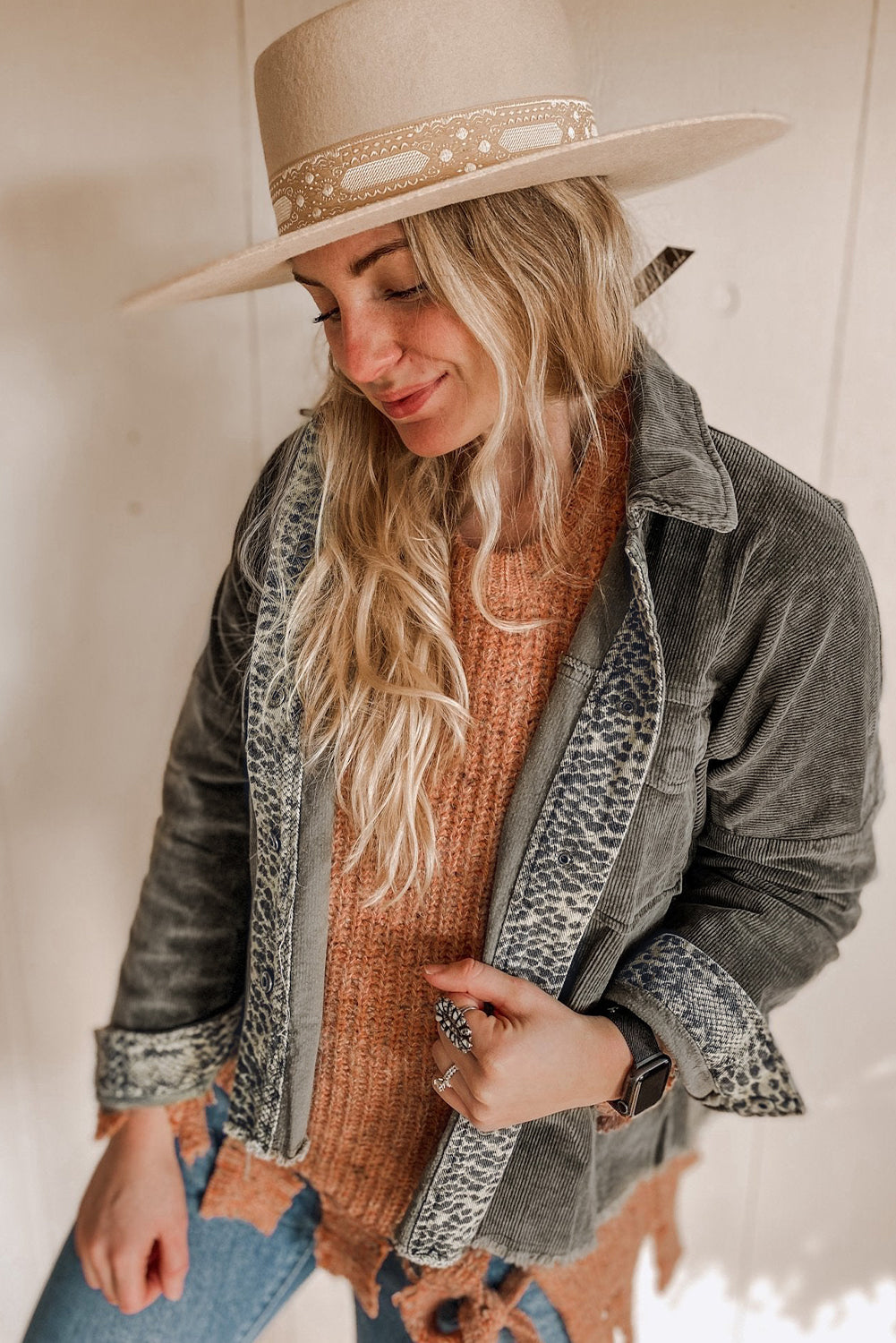 Grey Contrast Snakeskin Trim Pocketed Corduroy Shacket