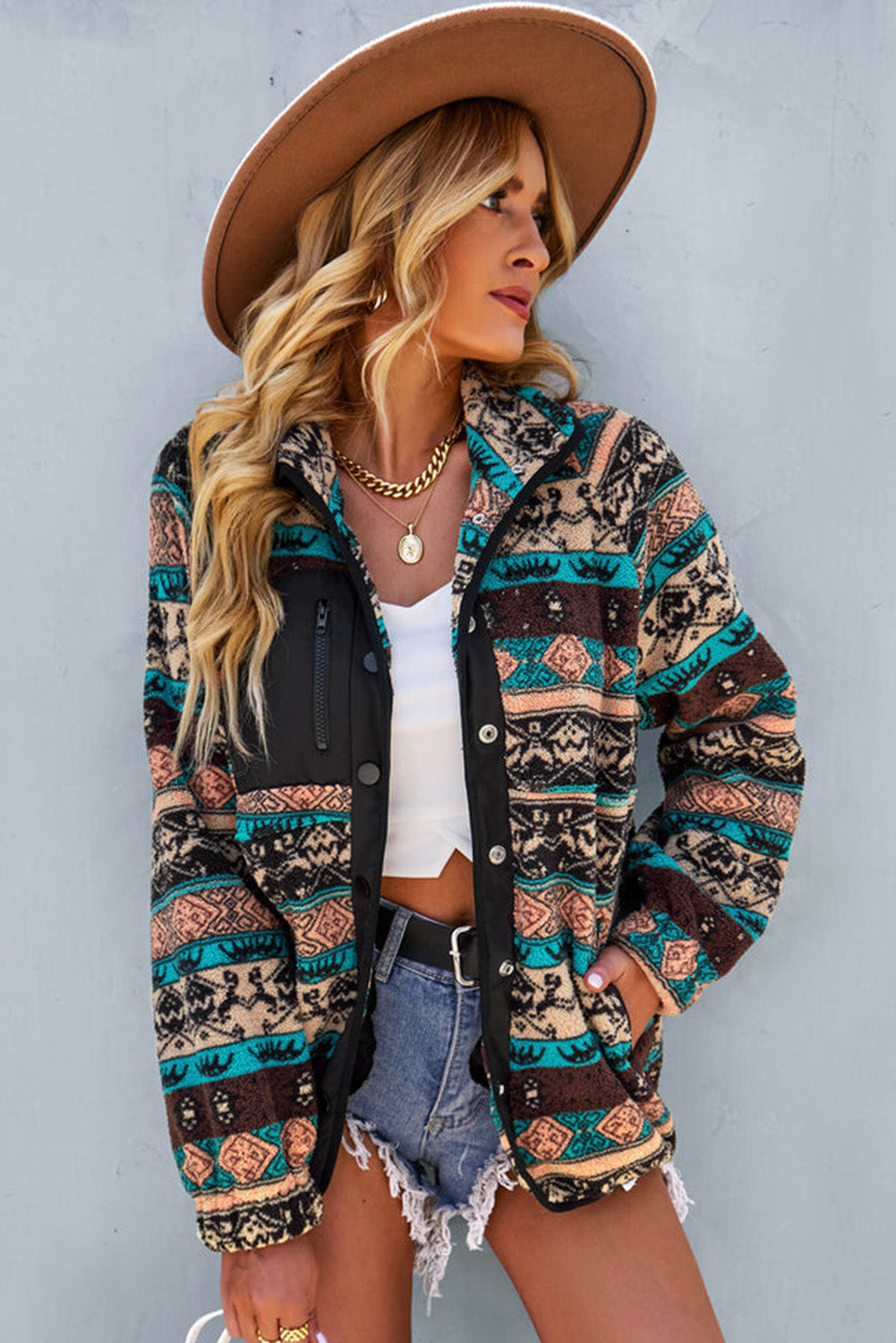 Pink Geometric Colorblock Snap Button Sherpa Jacket