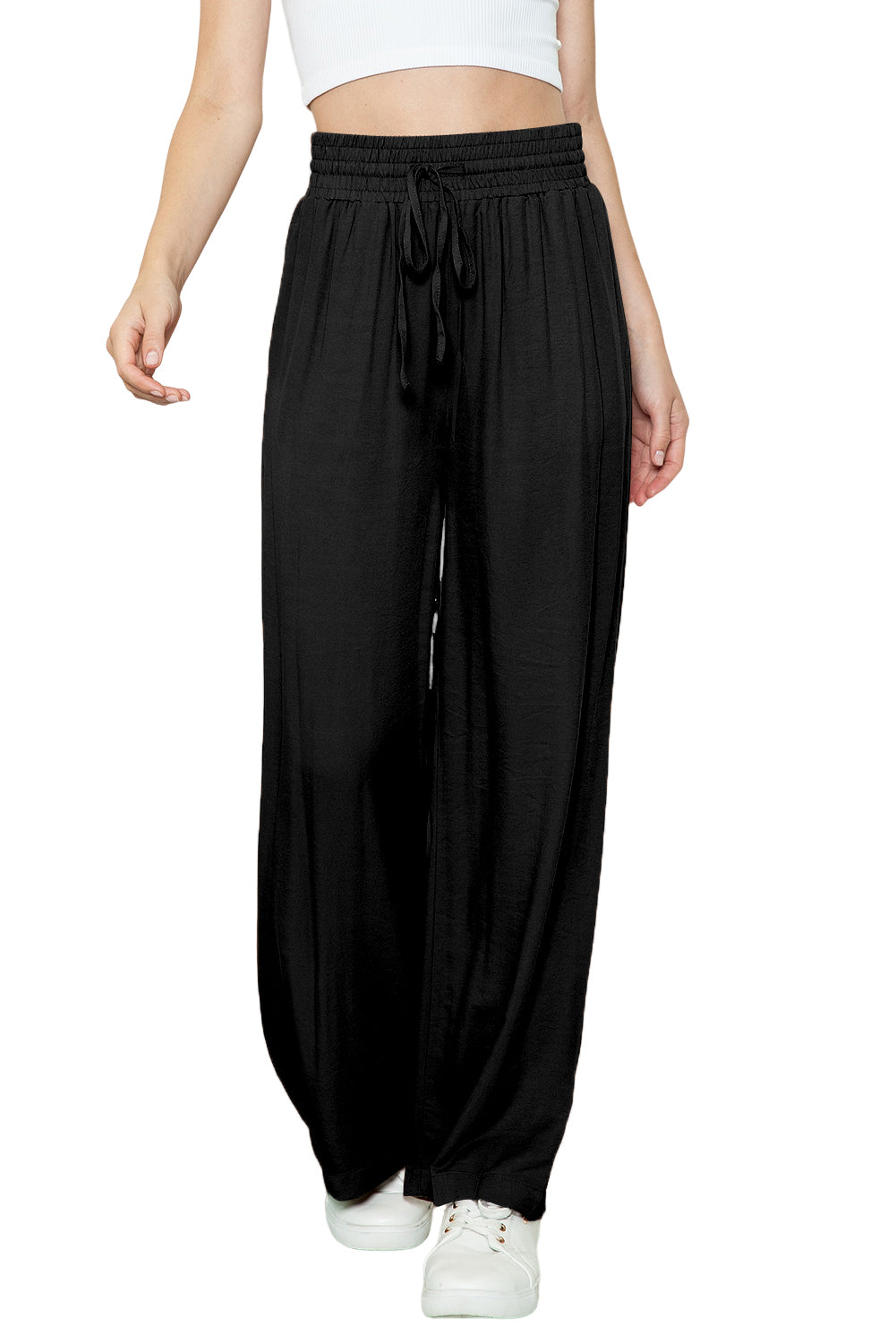 Black Casual Drawstring Shirred Elastic Waist Wide Leg Pants