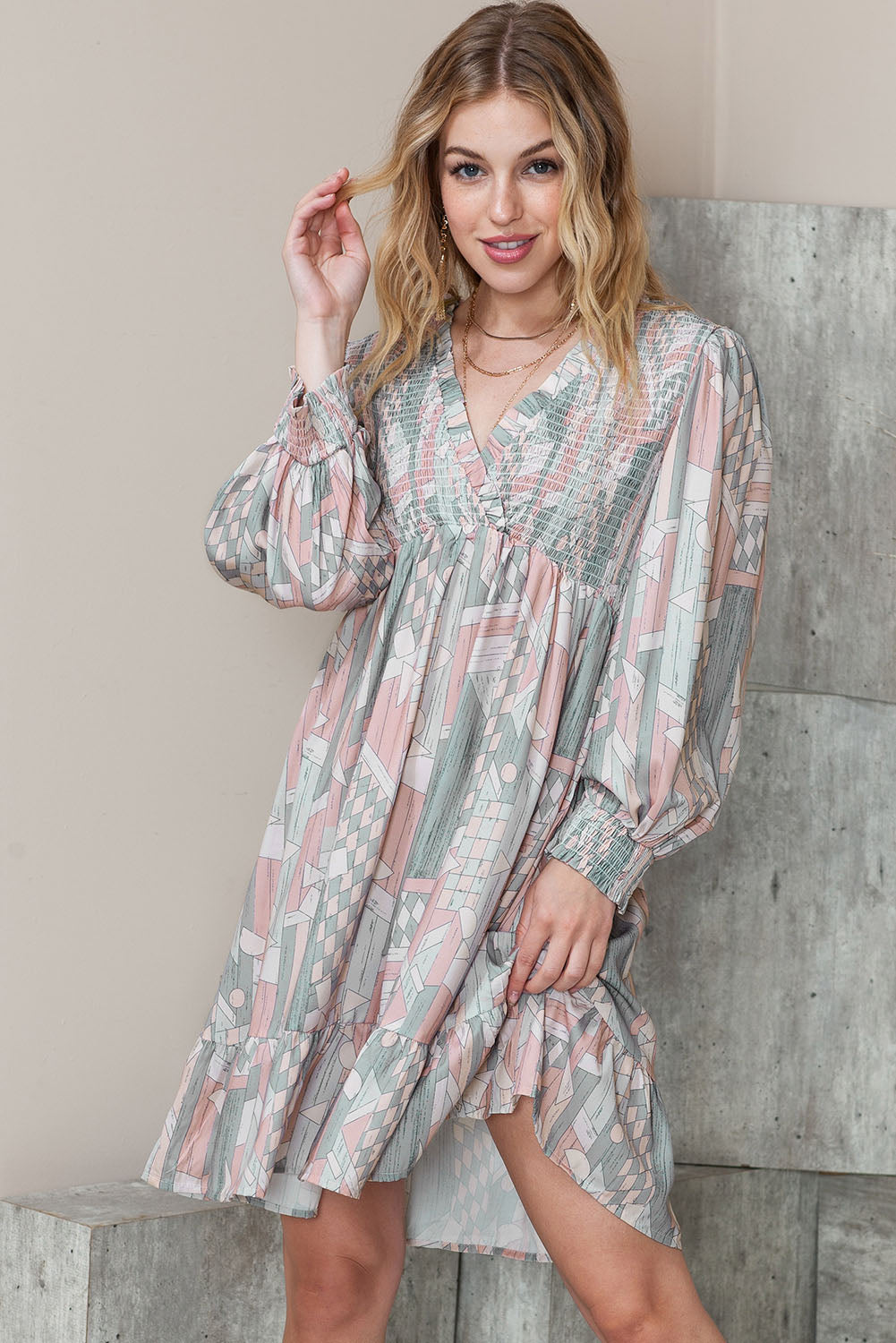 Multicolor Abstract Print Bishop Sleeve Smocked V Neck Dress