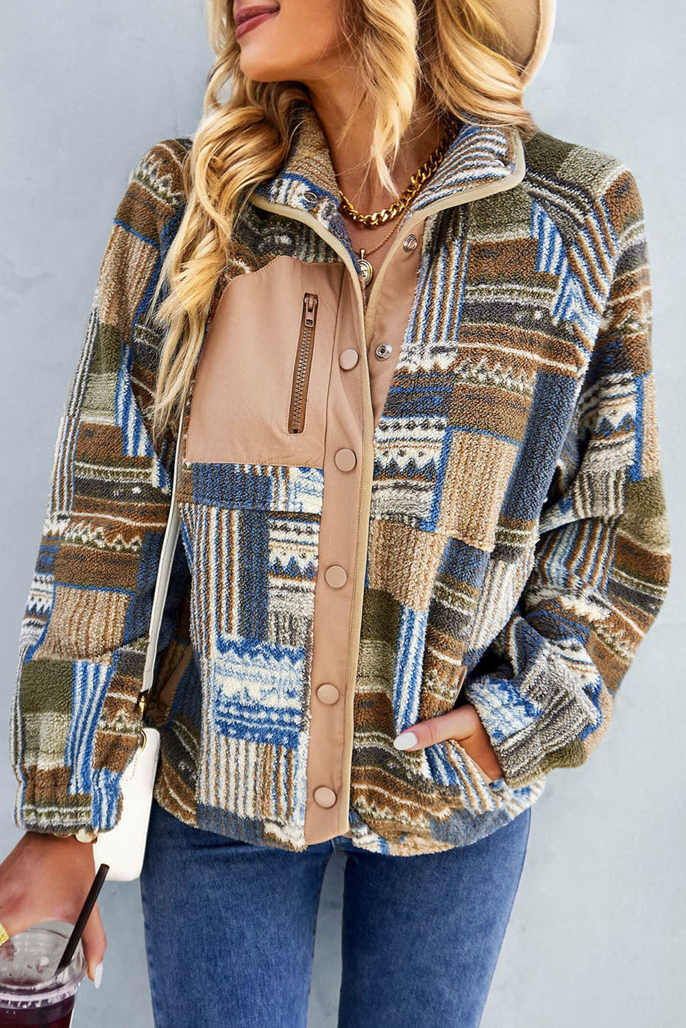 Pink Geometric Colorblock Snap Button Sherpa Jacket