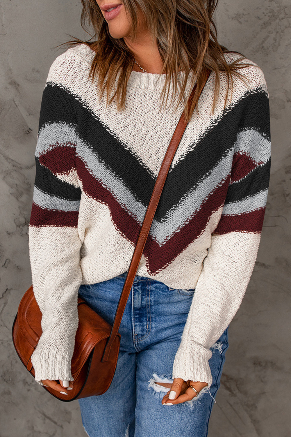 Chevron Striped Drop Shoulder Long Sleeve Pullover Sweater