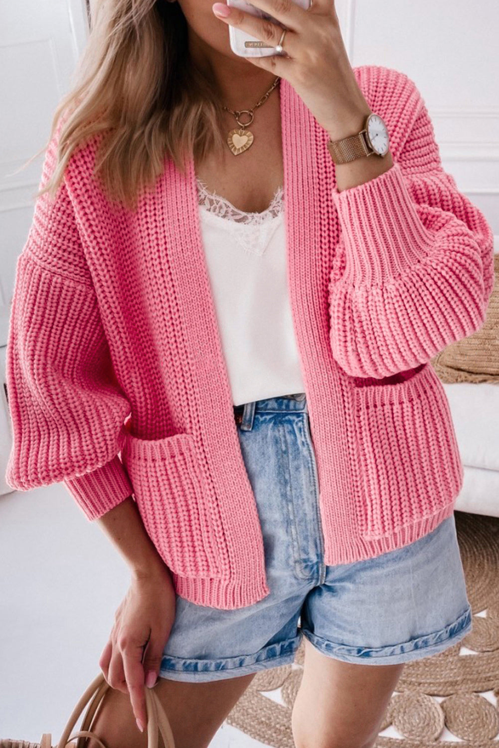 Apricot Solid Pocketed Open Short Cardigan