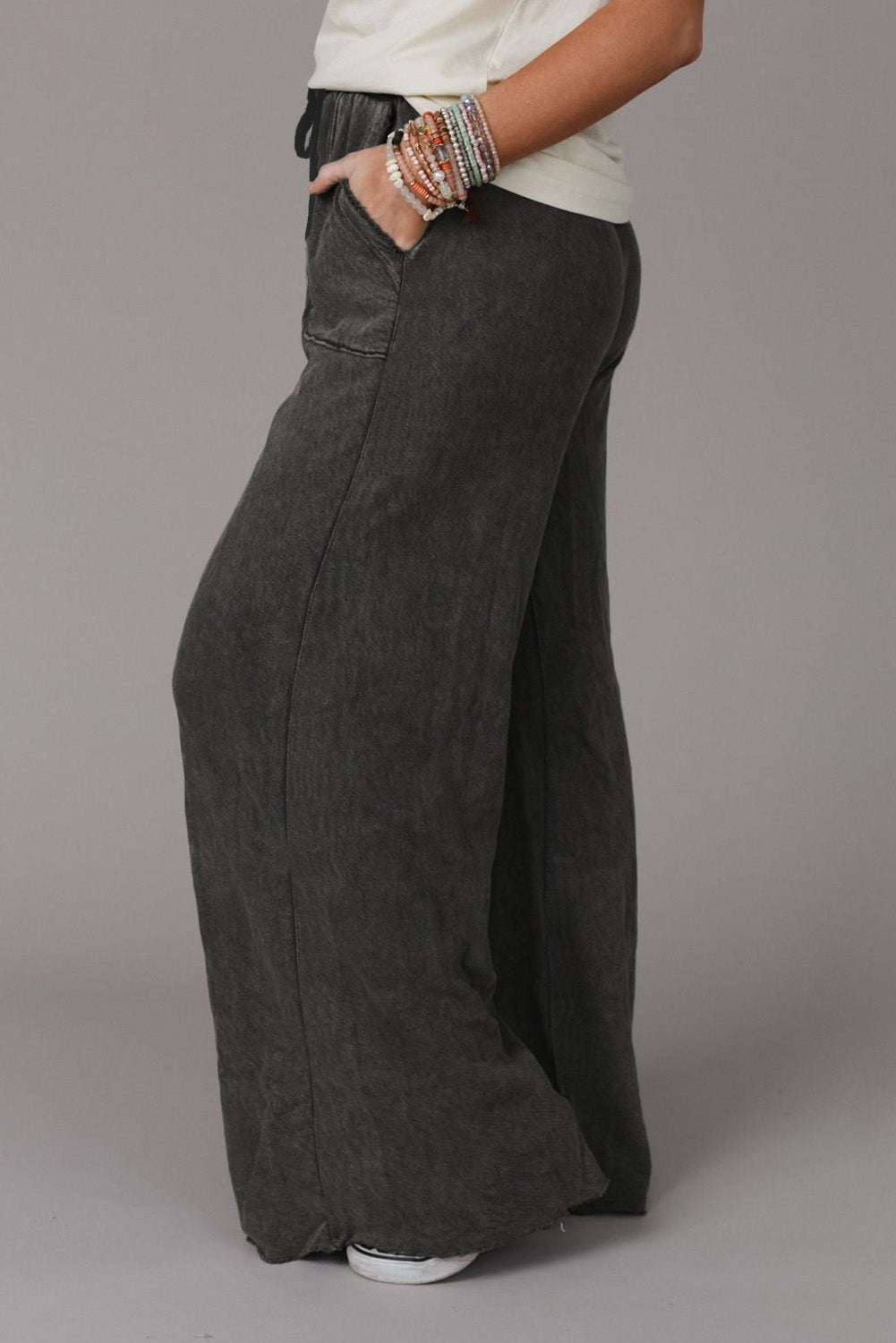 Apricot Mineral Washed Drawstring High Waisted Wide Leg Pants