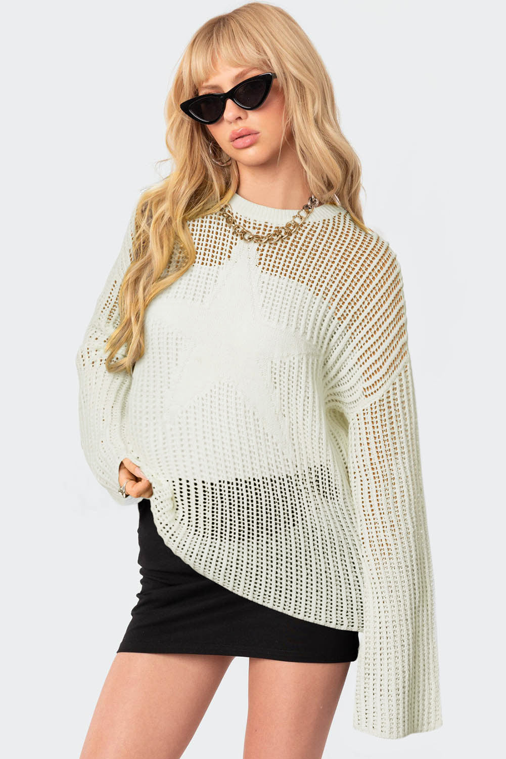 Black Star Pattern Lightweight Hollow Knit Sweater
