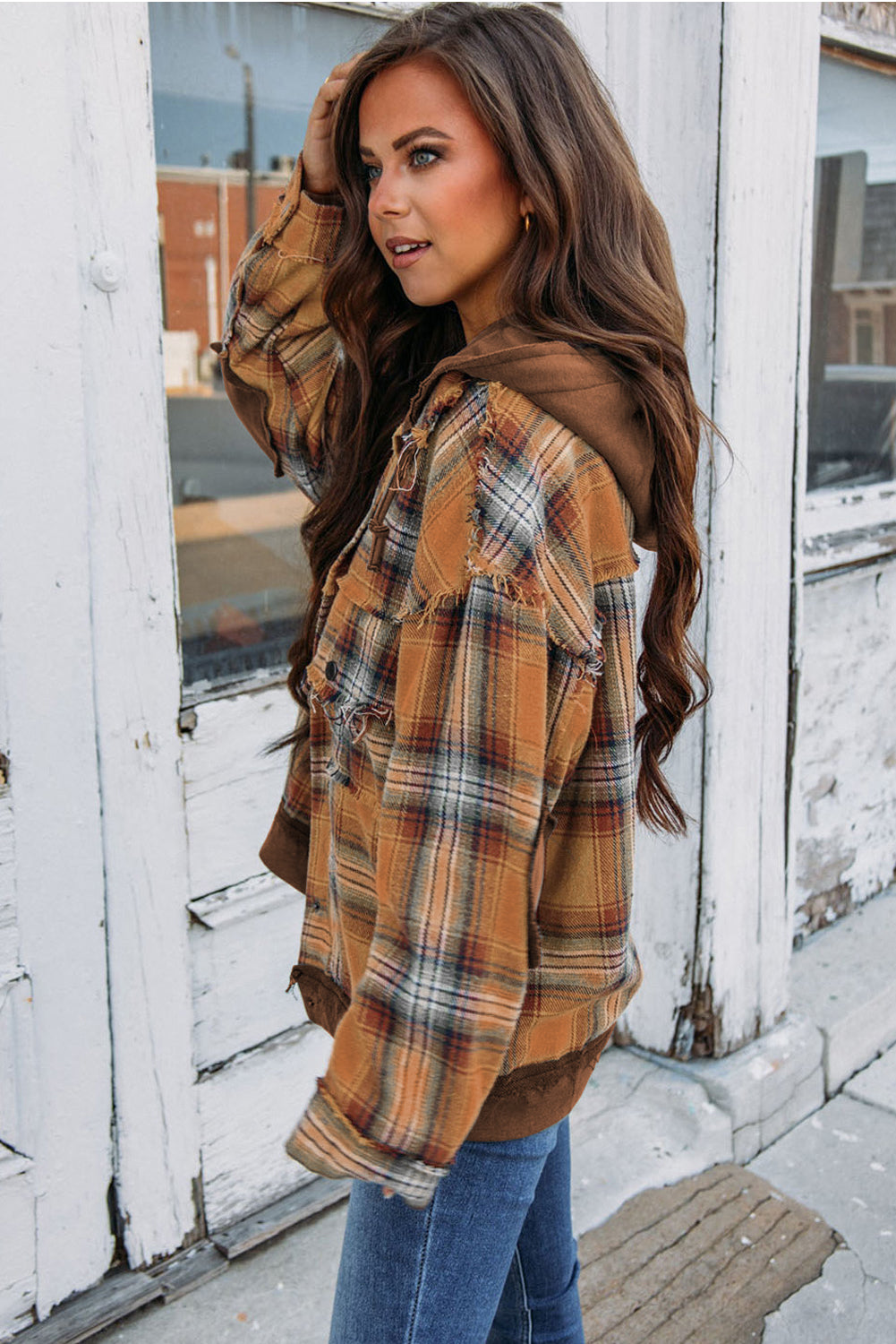 Orange Plaid Patchwork Frayed Trim Snap Button Hooded Jacket