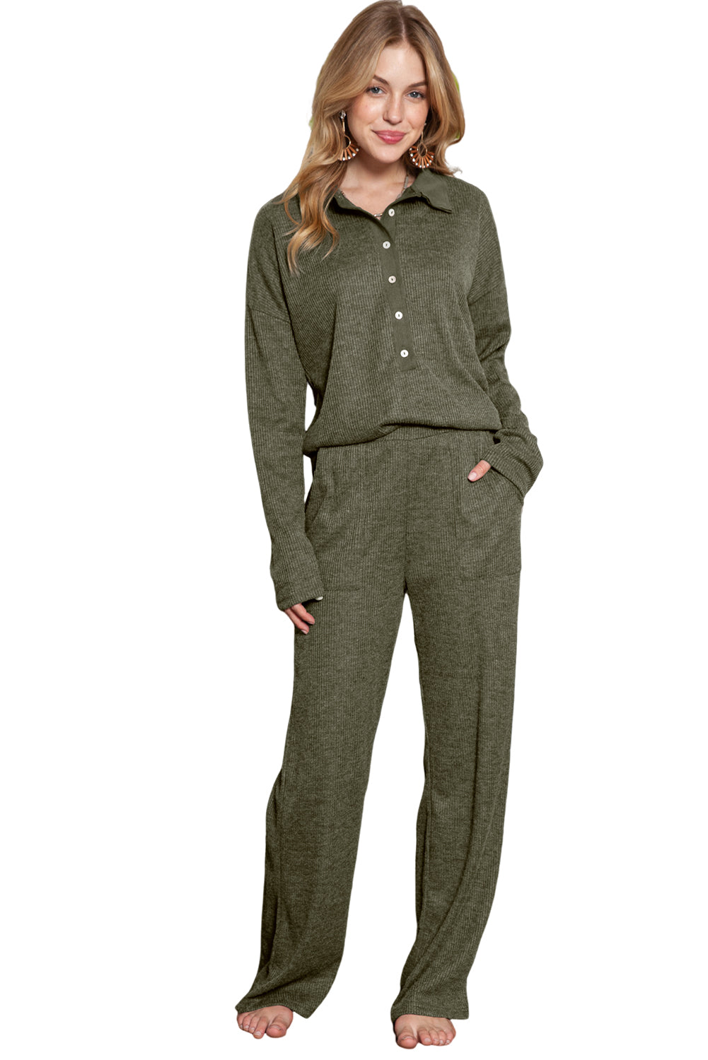 Black Ribbed Henley Shirt and Wide Leg Pants Loungewear Set