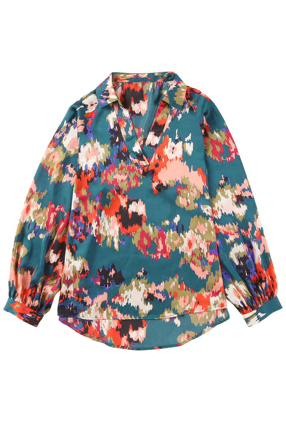 Green Graffiti Colorblock Casual V Neck Puff Sleeve Blouse