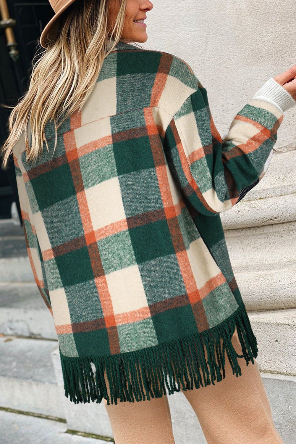 Black Plaid Snap Button Pocket Fringed Hem Shacket