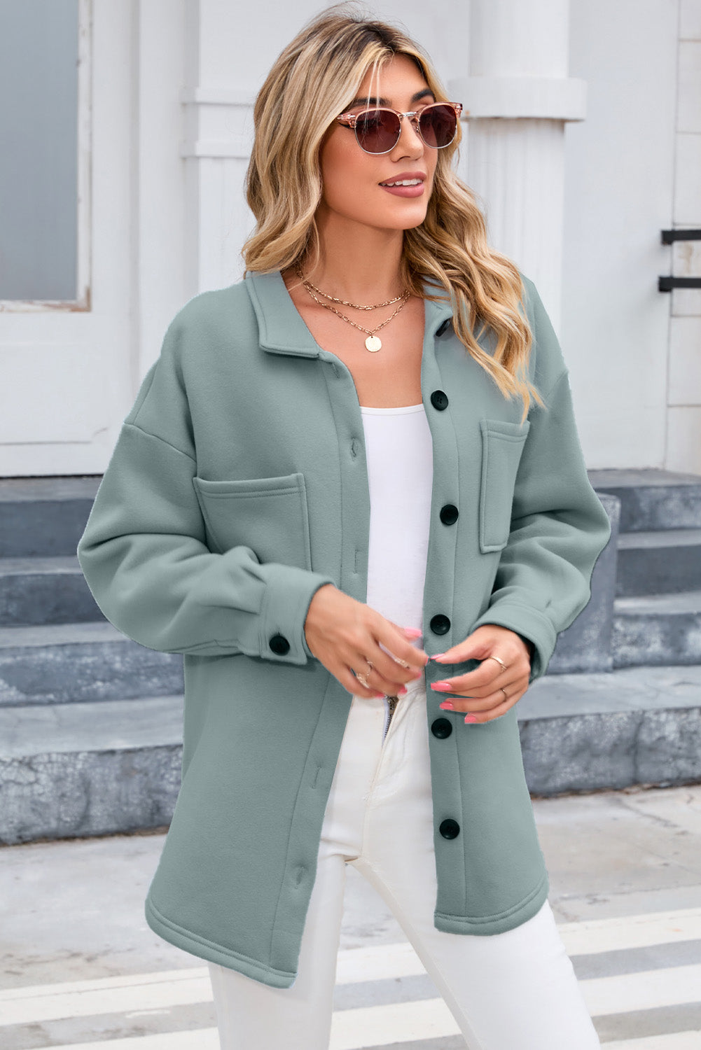 Green Collared Pockets Button Up Jacket