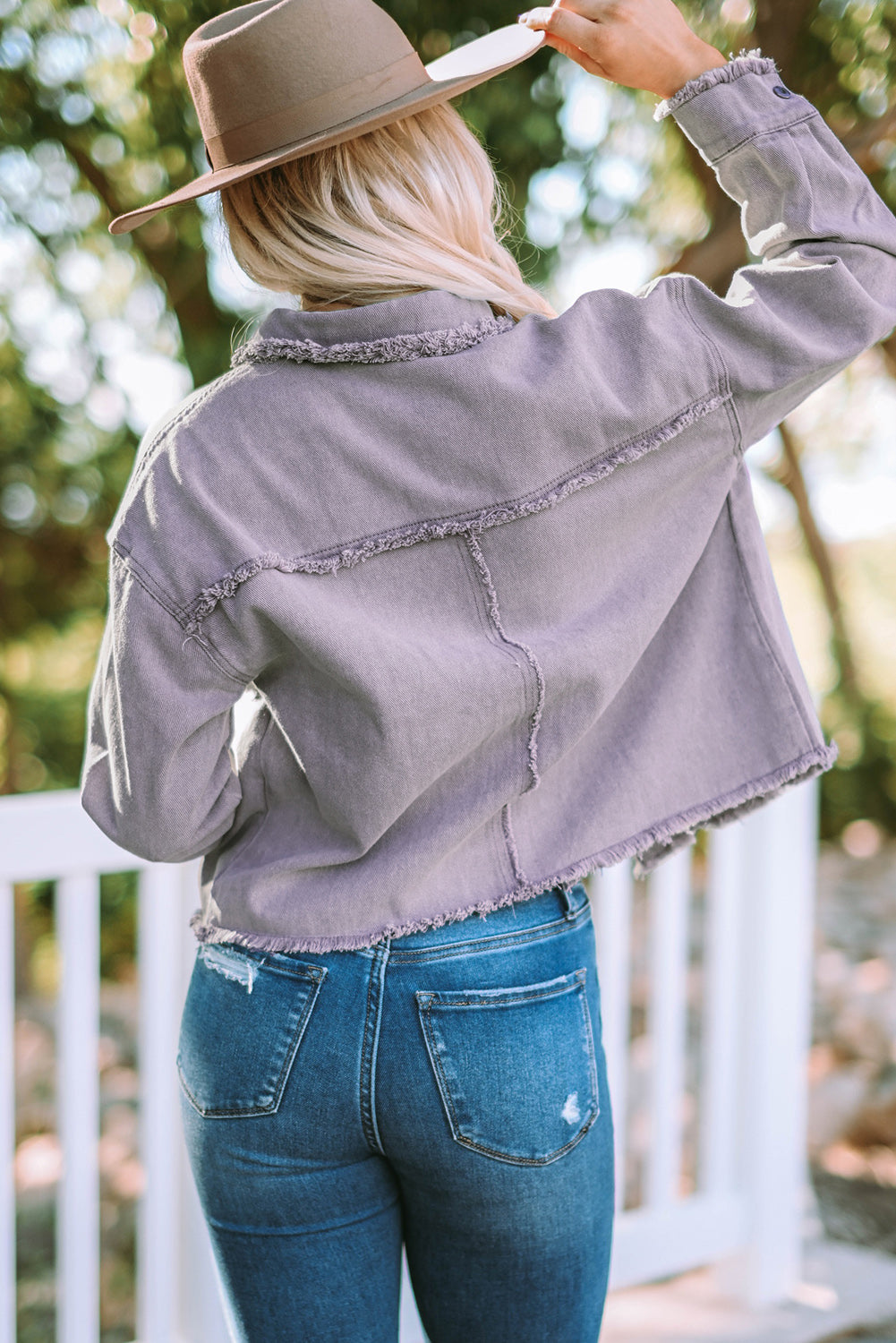 Green Distressed Flap Pockets Frayed Hem Denim Jacket