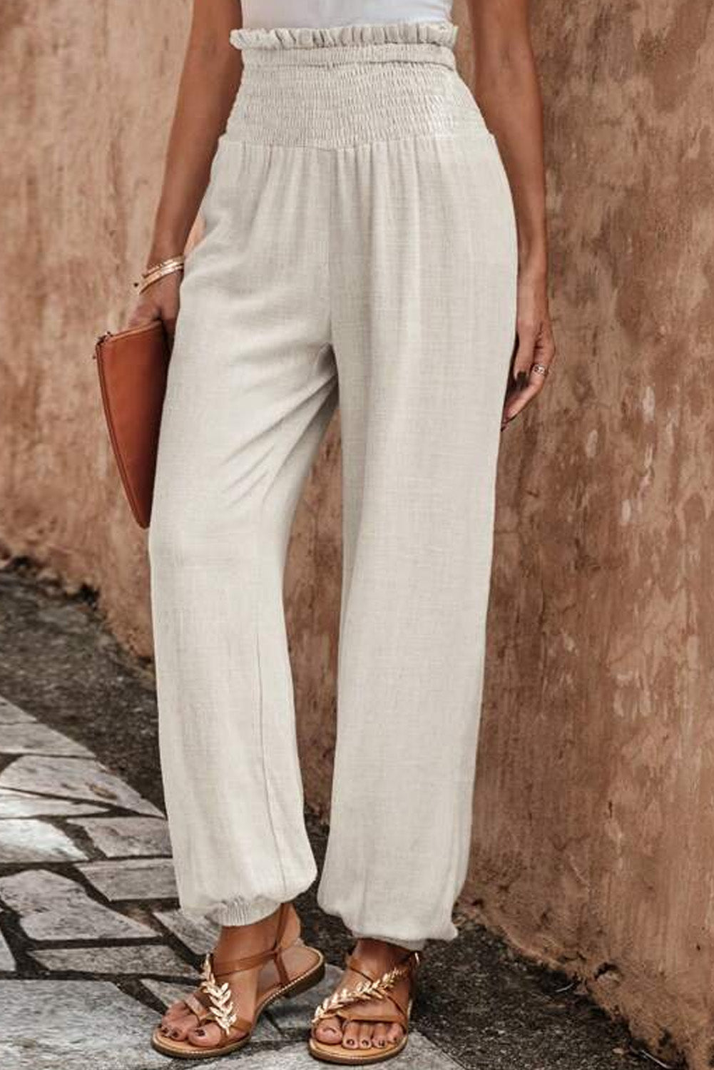 Apricot Smocked High Waist Loose Jogger Pants