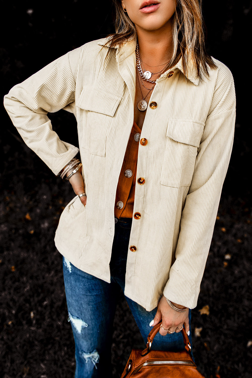 Pocketed Button Ribbed Textured Shacket