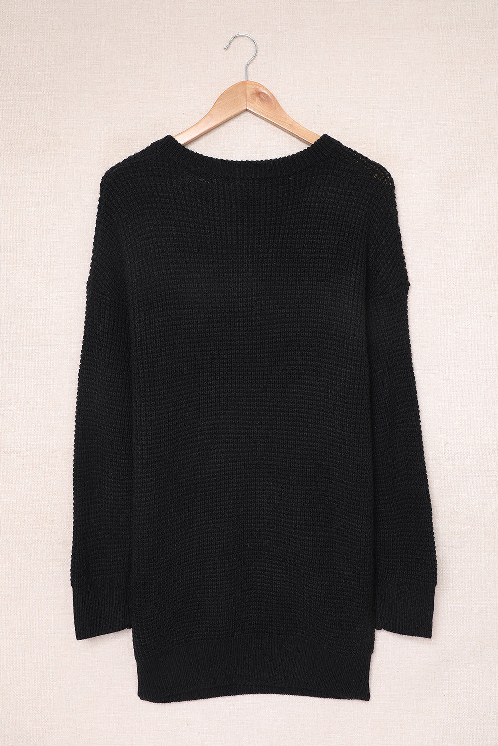 Grey Button Notched Neck Drop Shoulder Waffle Knit Sweater Dress