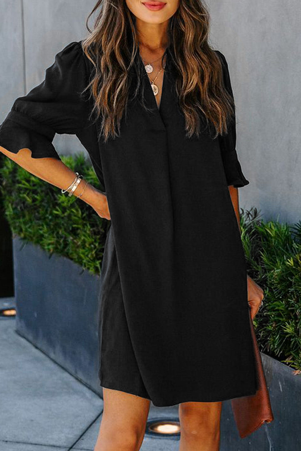 Navy Blue Split V Neck Short Sleeve Tunic Dress