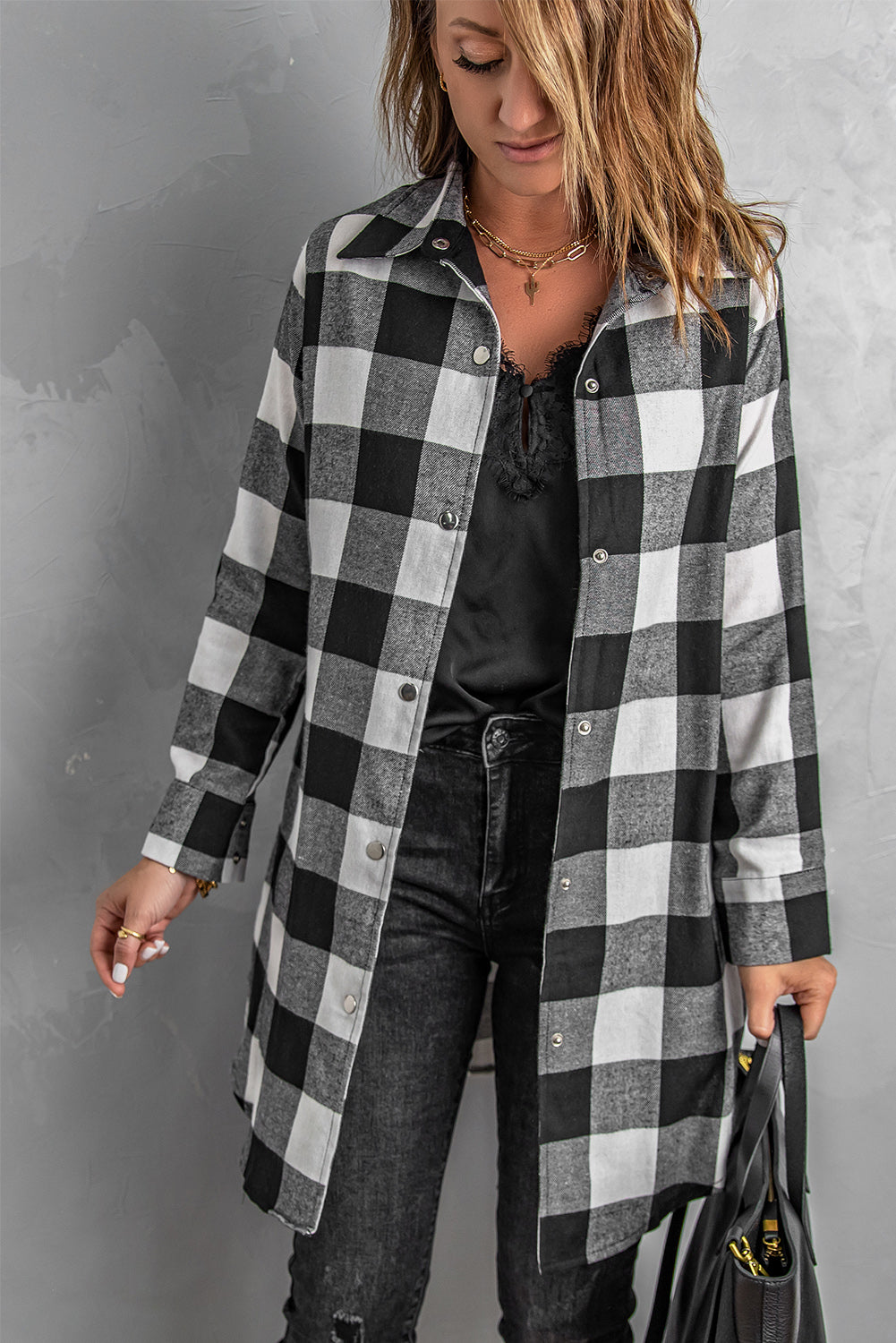 Red Plaid Collared Button Down Long Shirt Shacket