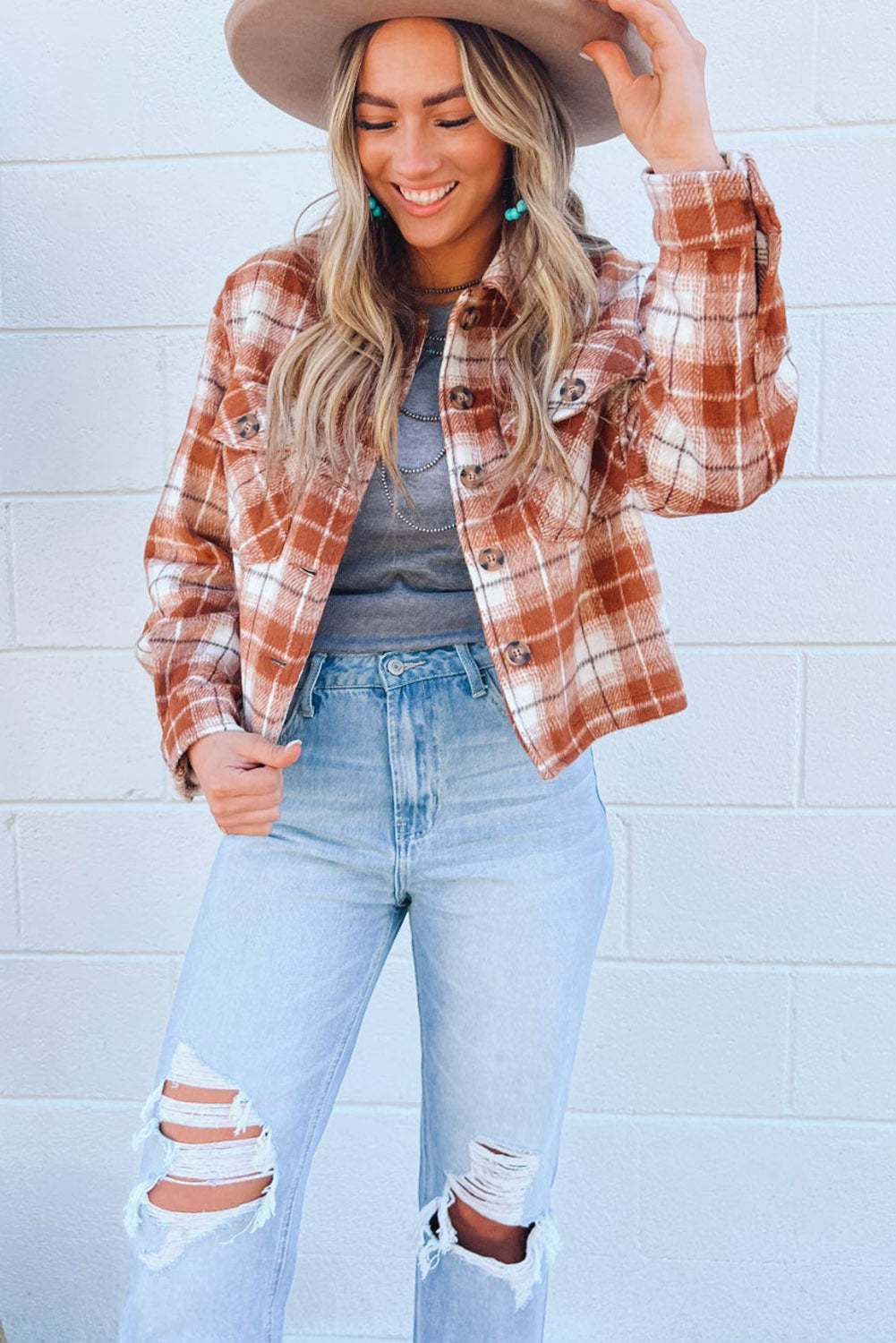 Orange Plaid Button-Up Flap Pocket Cropped Jacket